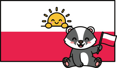 A cute cartoon illustration of a happy badger sitting in front of the Polish flag, holding a small Polish flag, with a smiling sun peeking over the horizon line.