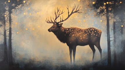 A majestic elk, its antlers adorned with tiny, twinkling fairy lights, standing proudly in unseen misty woods, magical dawn light