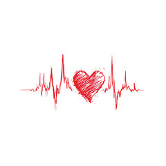 Red Heartbeat Rhythm Scribble on White Background Representing Health and Love
