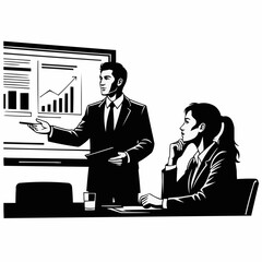 Business presentation with man and woman in suits discussing data analysis.