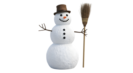 Traditional snowman with top hat and broom isolated on transparent background