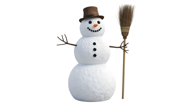 Traditional snowman with top hat and broom isolated on transparent background - Powered by Adobe