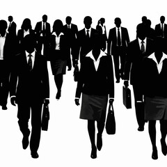 Silhouettes of diverse business people walking together, representing teamwork and corporate success.