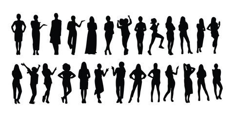 silhouette, woman, female, people, figure, standing, posing, fashion, style, elegant, casual, active, dance, gesture, diversity, group, collection, set, isolated, white background, black, outline, sha