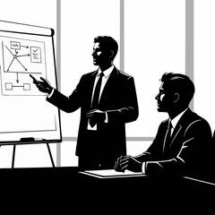 Two business professionals in a meeting, one presenting a diagram on a whiteboard.