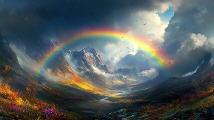 A highland landscape under a double rainbow, colors intensely vibrant against a dark, stormy sky, hopeful and dramatic