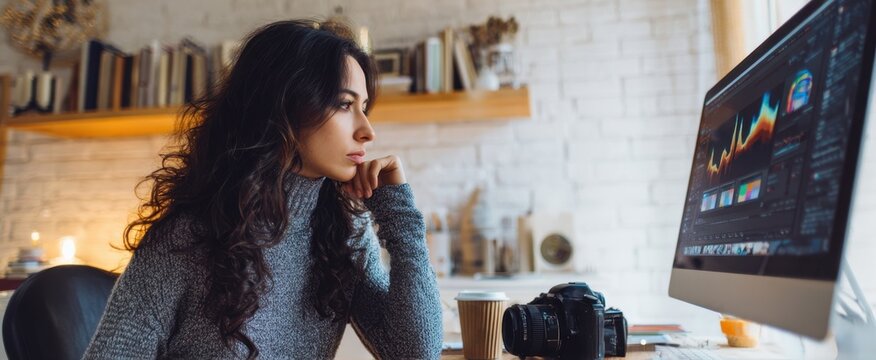 The Woman Editing Photos on a Desktop Computer in a Cozy Home Studio