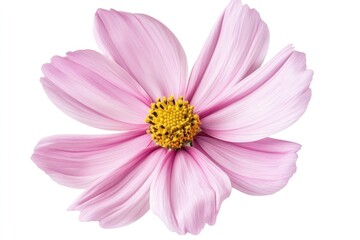 Fototapeta premium A vibrant pink flower with a yellow center, surrounded by a field of green grass and a few scattered trees in the background.