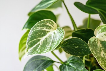 Obraz premium A lush, vibrant plant with heart-shaped leaves that are a mix of green and white, set against a white background.