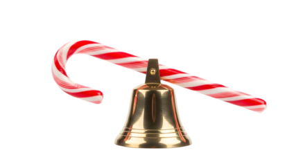 A classic brass bell with a striped candy cane isolated on transparent background