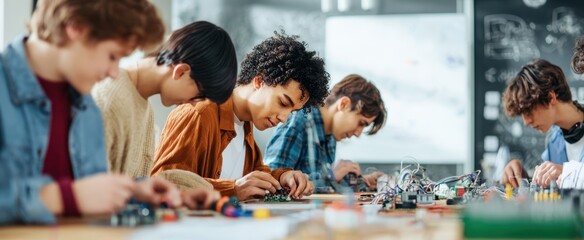 The students collaborating on hands-on electronics projects in a modern STEM classroom workshop