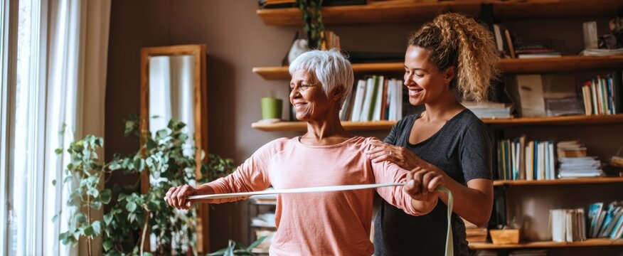 The Senior Woman Receiving Home Physiotherapy and Measuring Mobility with a Caregiver