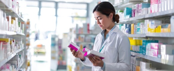 The Pharmacist in a White Coat Checking Medication Boxes in a Bright Pharmacy Aisle