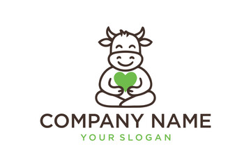 Smiling Cartoon Cow Meditating with Green Heart Line Art Logo