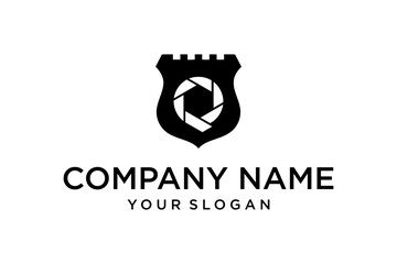 Photography Security Logo with Castle Shield and Camera Aperture Icon