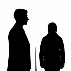 Silhouette of two people standing, one facing sideways, the other straight ahead.