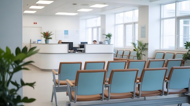 Serene modern waiting room with comfortable seating and reception desk, perfect for healthcare, corporate, or public spaces seeking a calm, professional ambiance.