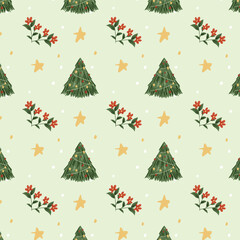 Festive Seamless Holiday Pattern with Hand, Illustrated Christmas Trees, Stars, Leaves, and Snow Elements on Rustic Brown Background, Perfect for Print, Digital Design, and Cozy Winter Projects