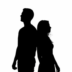 Silhouetted couple standing back to back representing separation and distance.
