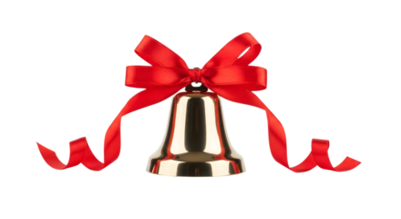 Shiny golden christmas bell with a red ribbon bow isolated on transparent background