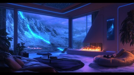 A cozy, futuristic living room, fireplace crackling with blue energy flames, view of a snowy alien landscape through a panoramic window, warm interior lighting