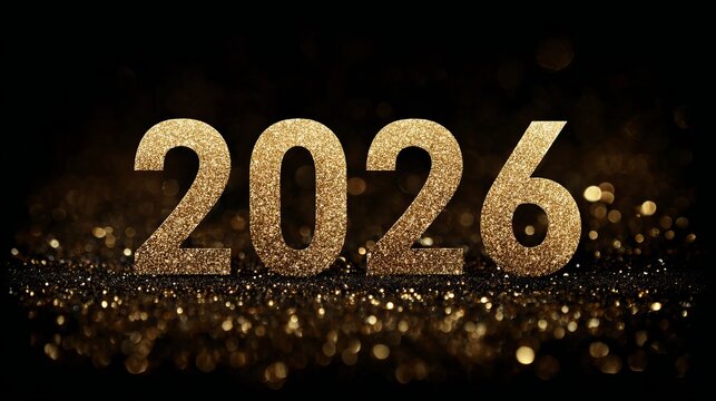 Celebrate 2026 with shimmering gold numerals against a dark backdrop for a festive New Year or milestone announcement, perfect for invitations
