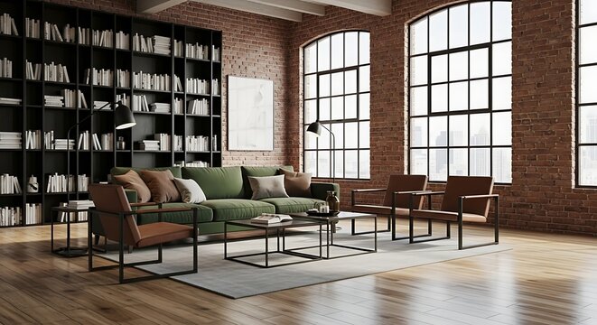Spacious industrial loft living room with a large bookshelf, green sofa, leather armchairs, and large windows offering city views