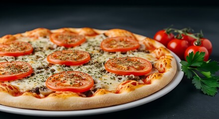 A delicious homemade pizza topped with fresh tomato slices, melted cheese, and herbs, served on a white plate with cherry tomatoes