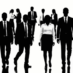 Silhouettes of a diverse group of business professionals walking forward.