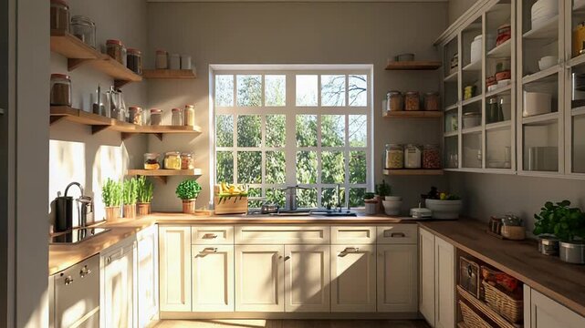 Organized kitchen pantry interior design with sunlight