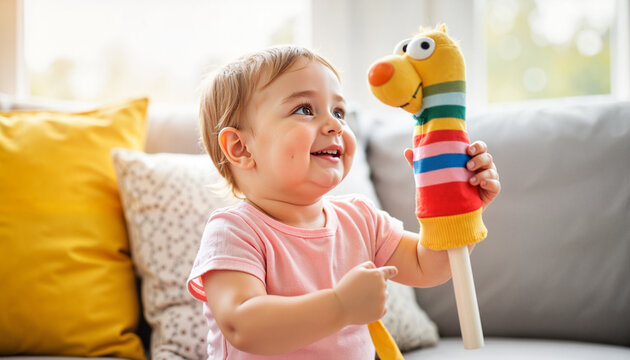 Adorable baby joyfully playing with a sock puppet in cozy living room, childhood wonder