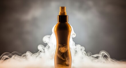 A golden spray bottle emitting smoke against a dark, smoky background