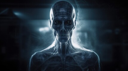 Eerie Alien Creature A Haunting Portrait of an Extraterrestrial Being in Shadowy Blue Light