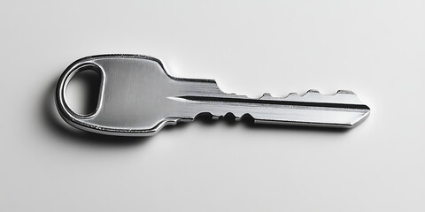 A single metallic key is placed on clean gray background with simple minimal style
