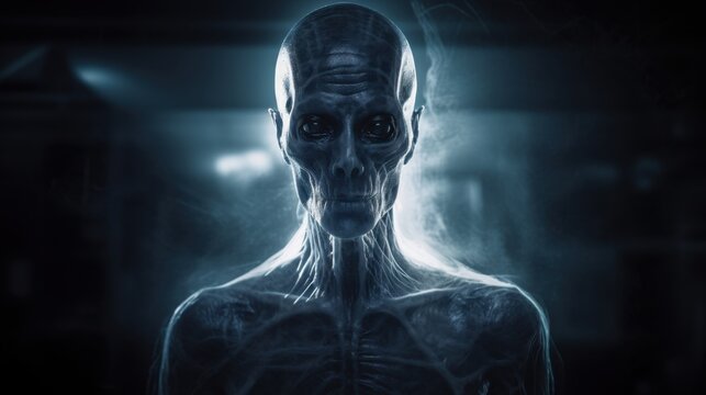 Eerie Alien Creature A Haunting Portrait of an Extraterrestrial Being in Shadowy Blue Light