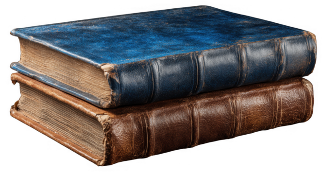 Two vintage hardcover books stacked on top of each other with aged pages and textured covers, showcasing classic literary or historical volumes