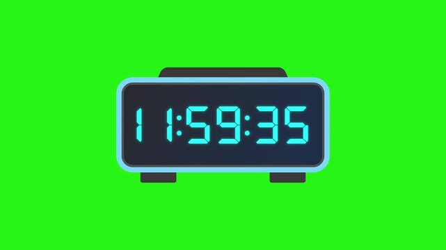 Digital time countdown animation from 11 59 to 12 00 on green background