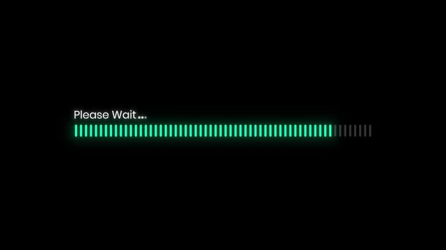 Glowing loader animation with please wait text on black background