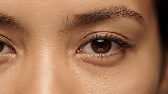 Close-up of human eyes with dark irises, eyelashes, and eyebrows