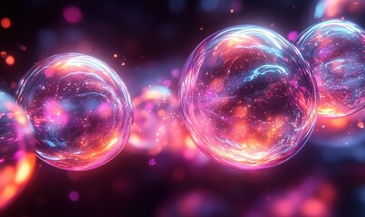 Vibrant glowing spheres filled with cosmic energy and dynamic light particles