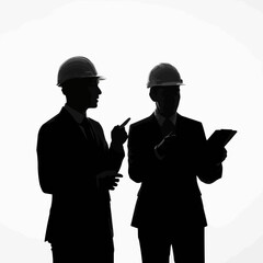 Two male engineers in hard hats discussing plans, silhouetted against a white background.