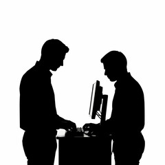 Two men silhouetted working on computers in a professional setting.