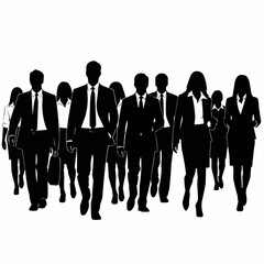Silhouettes of diverse business professionals walking forward with determination.