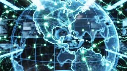 Glowing digital globe with connecting lines in a dark, high-tech room, data visible on displays - Powered by Adobe