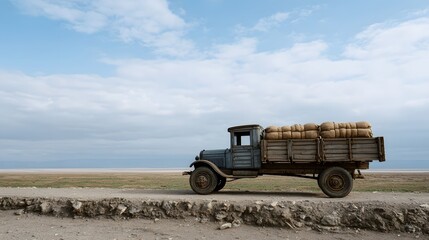 Obraz premium A vintage truck carrying sacks of goods travels along a dirt road in a dry landscape under a cloudy sky