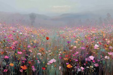 Colorful Flower Field With Misty Mountain View