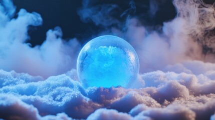 A self-chilling beverage sphere, pulsating with cool blue light, resting on a bed of artificial snow, dynamic studio shot