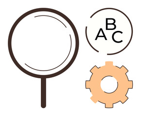 Magnifying glass, letters A B C, and a gear. Ideal for education, research, problem-solving, innovation, learning process improvement collaboration. Minimalist simple flat metaphor
