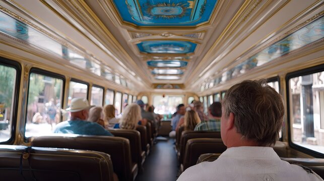View from inside a vintage style ornate bus showing passengers seated and a decorative blue and gold ceiling