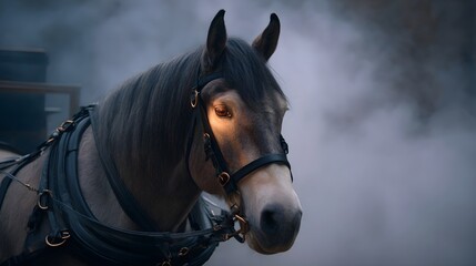 Fototapeta premium Majestic draft horse in harness close up head portrait against a misty atmospheric backdrop at dusk